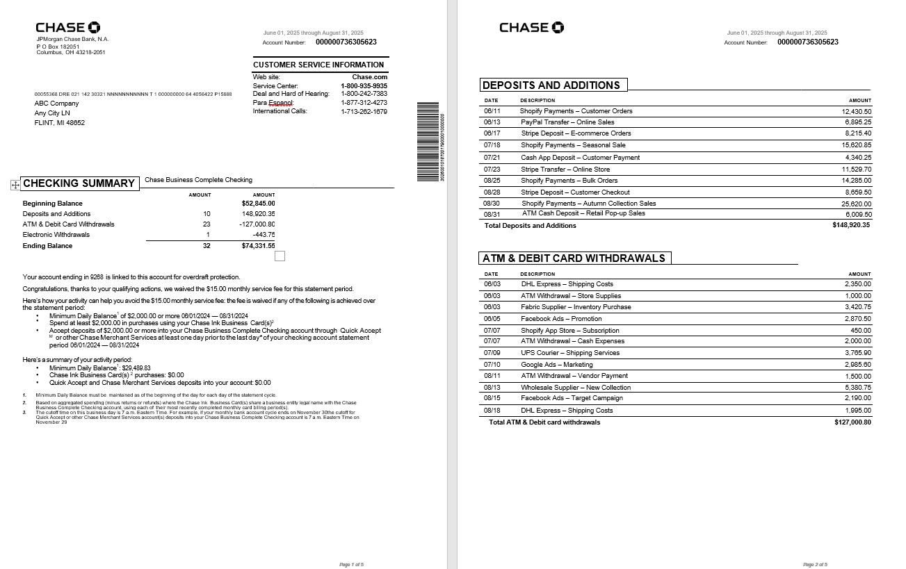 USA Chase business bank statement 5 pages